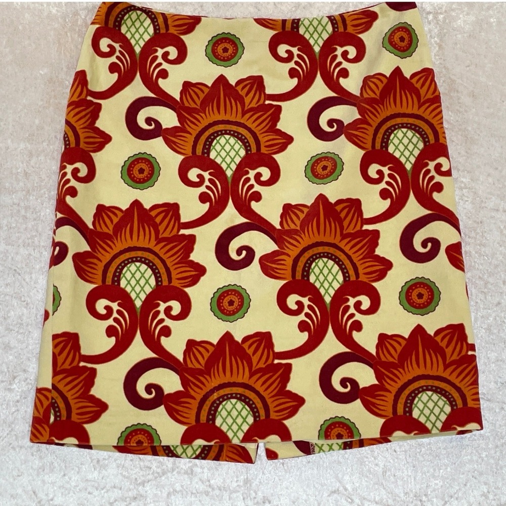 J.McLaughlin Pencil Skirt Women 4 Yellow Red Floral Damask Cotton Blend Skirt